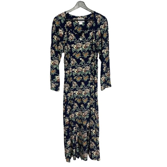 Vintage 90s Navy Blue Floral Long Sleeve Full Length Button Up Dress Medium - Picture 1 of 11